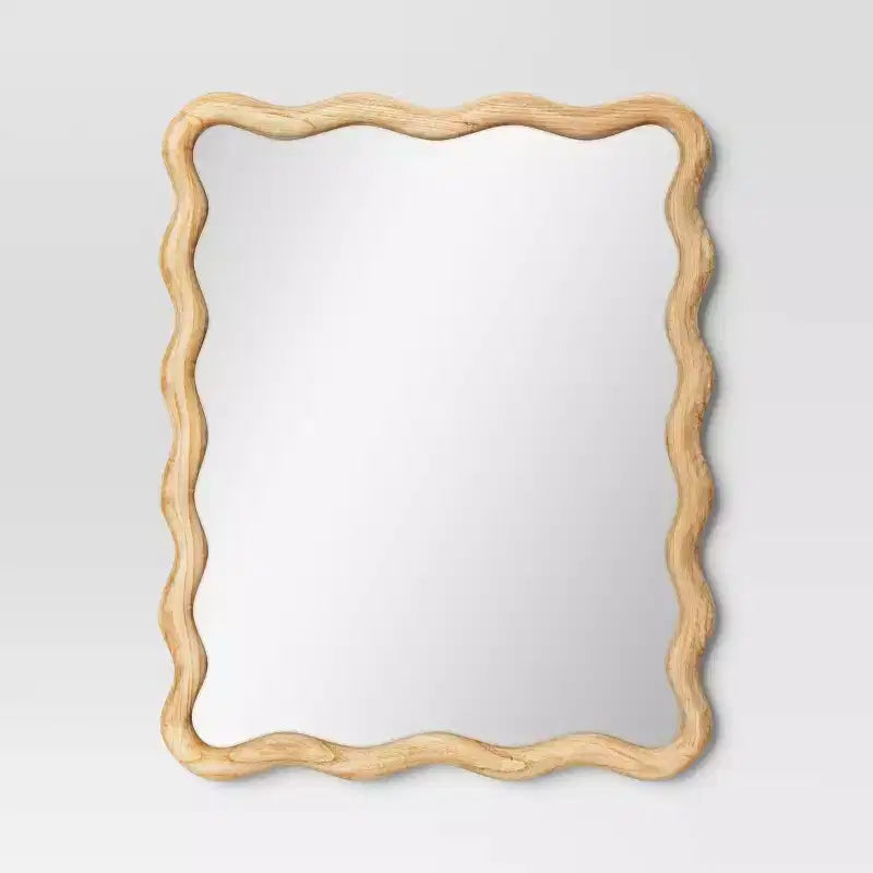 24"x 30" Scalloped Wall Mirror Natural Wood - Threshold™: Modern Style Rectangle Shape Wood Frame Wall Mount