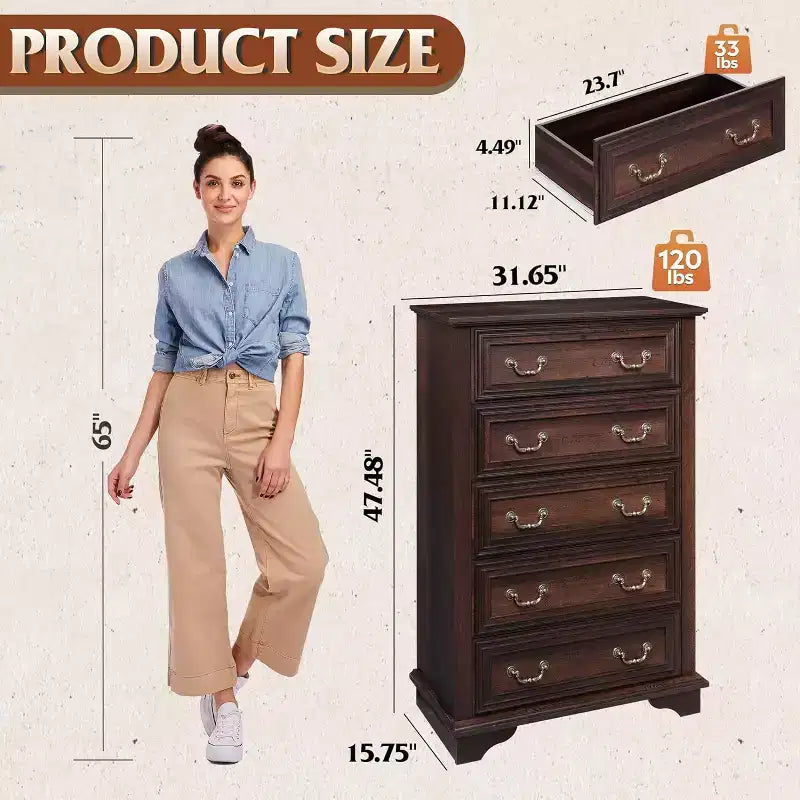 Commode haute en bois à cinq tiroirs