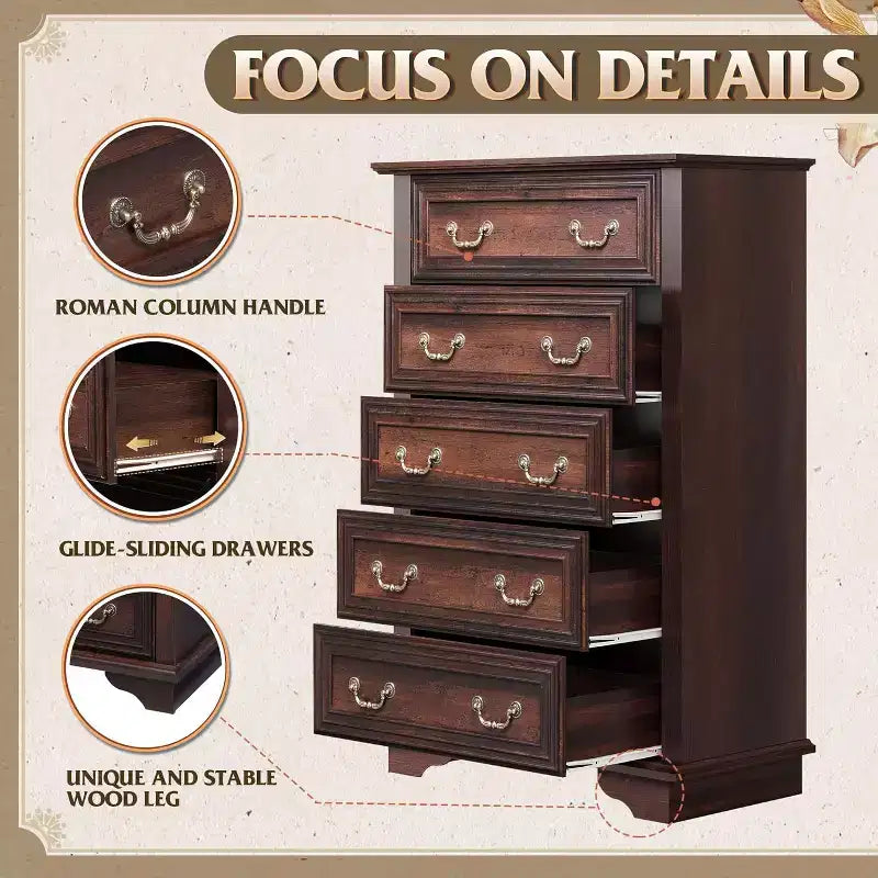 Commode haute en bois à cinq tiroirs