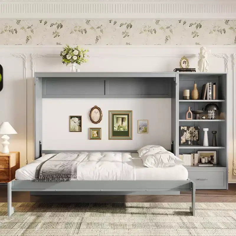 Queen Size Murphy Bed with Shelf Wooden Queen Cabinet Bed Wall Bed with Storage Compartments Folding Wall Chest Bed for Small Space