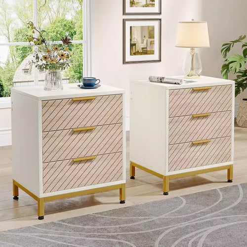 Lantine Night Stands Set of 2 Nightstand with 3 Drawers White and Gold Light Wood Grain Bedside End Tables Storage for Bedrooms