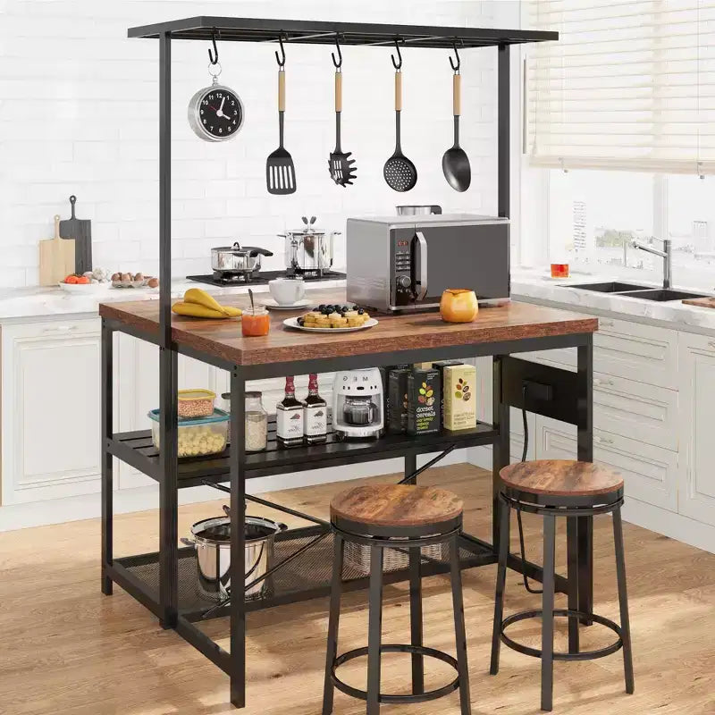 47 Kitchen Island with Storage - Multifunctional Prep Table with 3-Tier Shelves Bakers Rack & 5 Hooks Coffee Station for Kitchen Organization