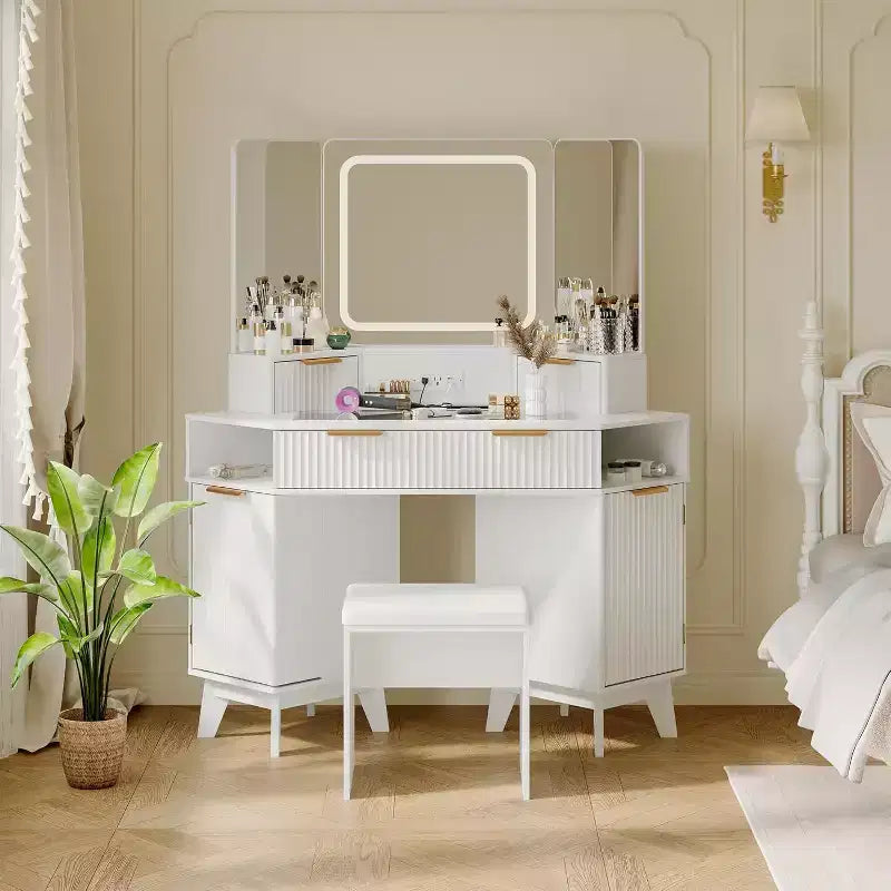 Corner Makeup Vanity Desk Modern Vanity Desk with HD Triple Mirror Corner Vanitys with Clear Glass Top Fluted Makeup VanityDesk