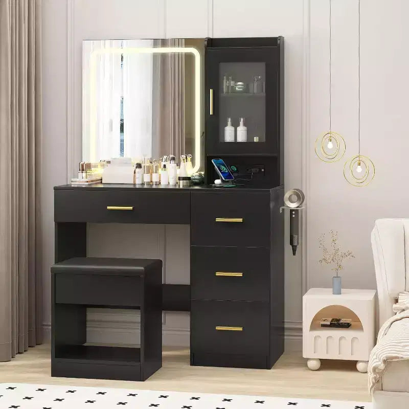 37 Vanity Desk with Adjustable Mirror 4 Drawers & Single Door Storage Stool & Hair Dryer Holder