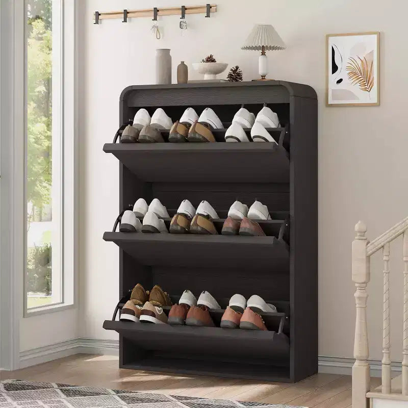 GarveeHome Shoe Cabinet with 3 Flip Drawers Wooden Shoe Organizer Cabinet with Adjustable Shelf Shoe Storage Hidden Shoe Cabinet for Entryway