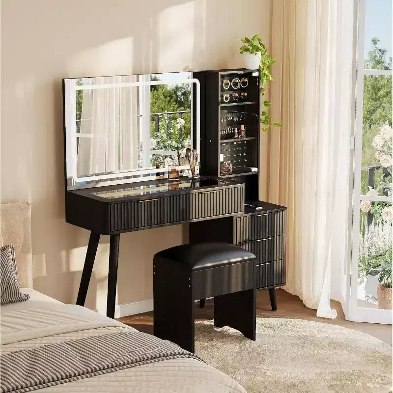 Vanity Desk with Lighted Mirror Makeup Dressing Table with Charging Station & Jewelry Cabinet Glass Top Vanity Set with Storage Stool for Bedroom