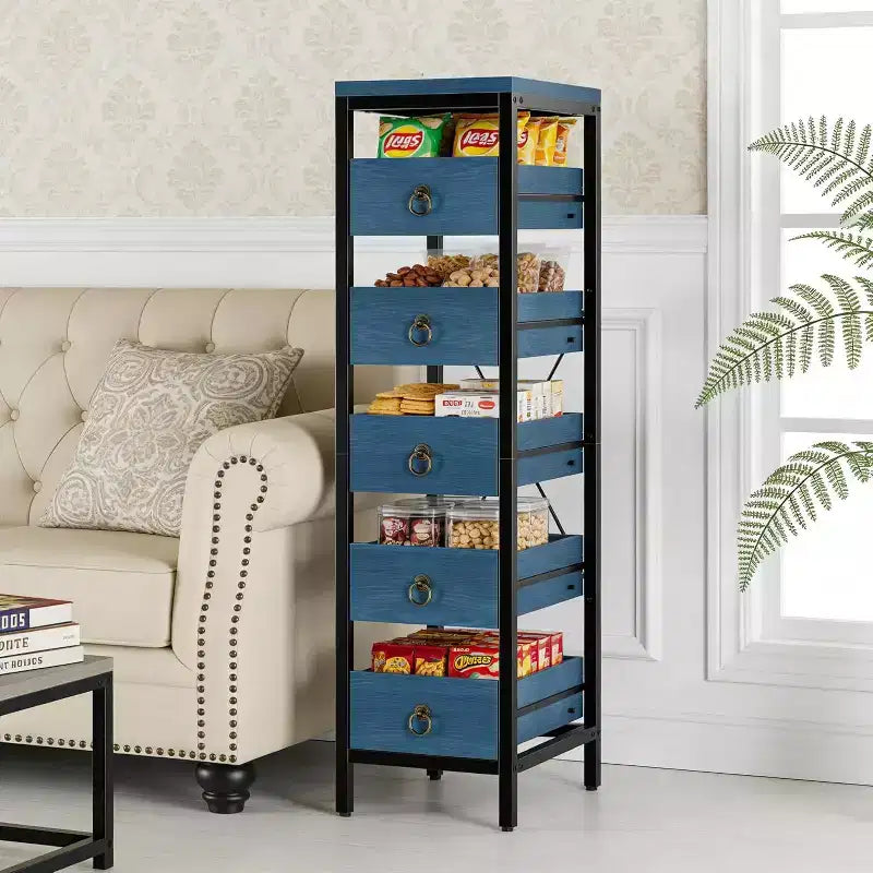 Kitchen Fruit Vegetable Storage Rack 5-Tier Narrow Snack Fruit Display Stand with 5 Pull-Out Drawers Basket for Home Office