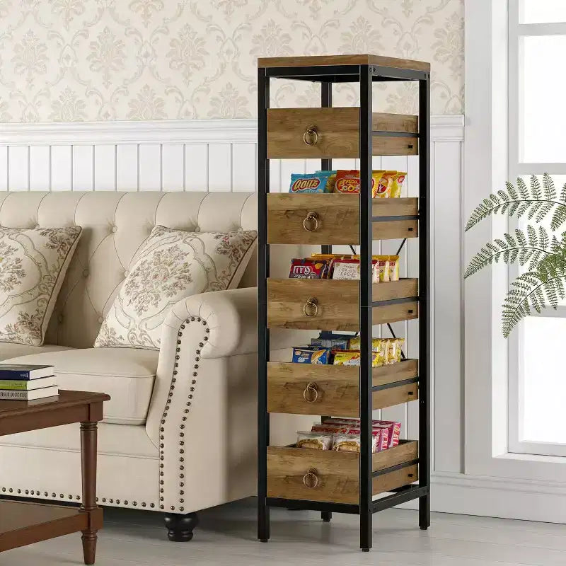 Étagère de présentation étroite à 5 niveaux pour snacks et fruits