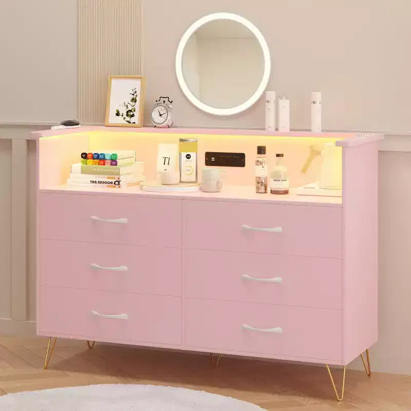 Pink Dresser 6 Drawers Wooden Dressers with Open Space Modern Chest of Double Wide Drawers for Living Room Entryway Hallway TV Stand