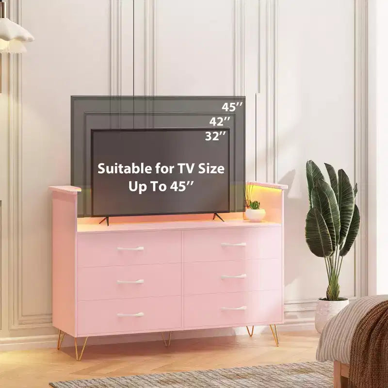 Commode rose à six tiroirs en bois