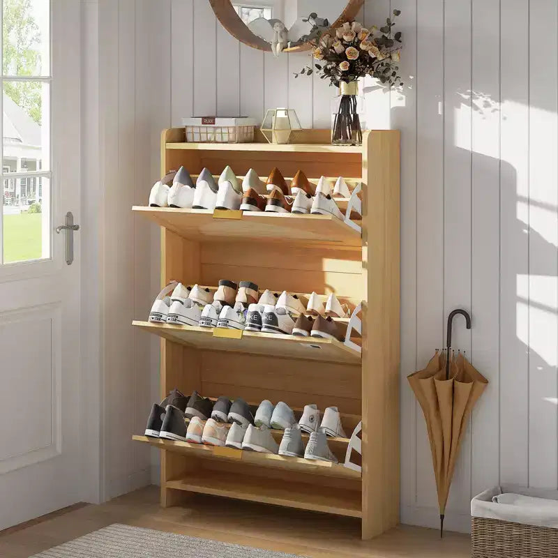 Rattan 3-Flip Drawer Shoe Storage Cabinet Free Standing Narrow Shoe Organizer with Rattan Doors Wooden Shoe Rack for Entryway Hallway Foyer