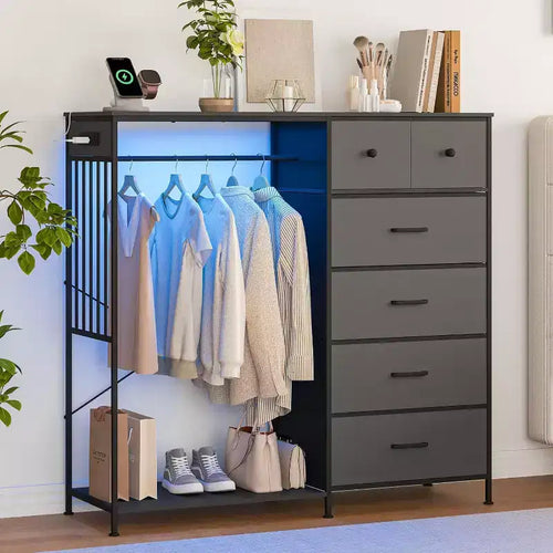 49.2 W Dresser for Bedroom with Hanging Rack 6 Fabric Drawers Dresser with Clothes Rack Wooden Top Storage Chest of Drawers