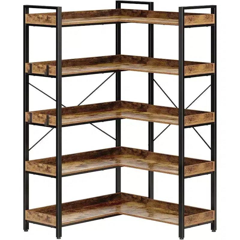 COZONY 5-Tier L-Shaped Industrial Corner Bookshelf Tall Wooden Bookcase w/ 4 Hooks & Metal Frame