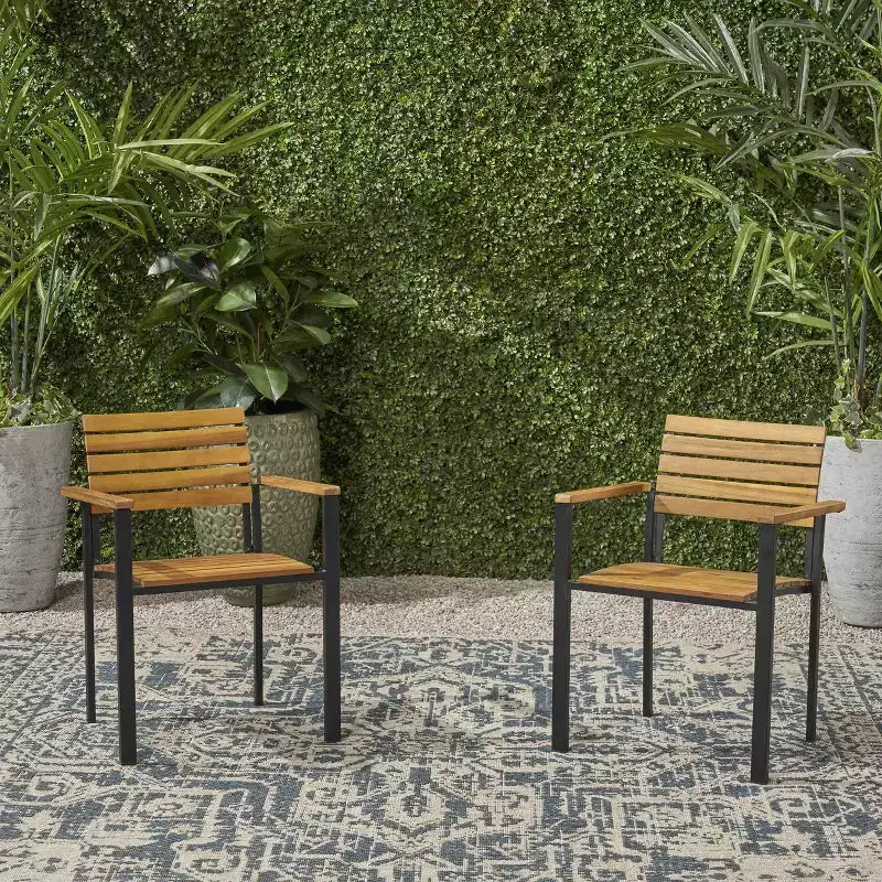 MAYEERTY Acacia Wood Outdoor Dining Armchair Set Slat Panel Modern Industrial Style Stable Slatted Chairs for Patio Backyard
