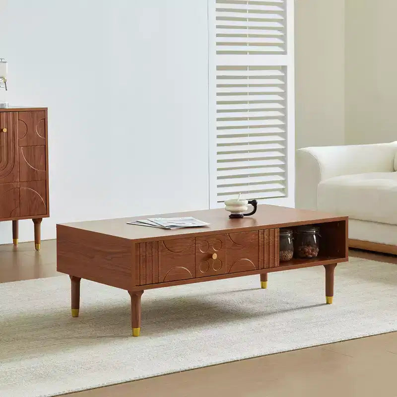 JVNOXK 47.2-inch Vintage Art Deco Style Living Room Side Table Coffee Table Mid-Century Geometric Carved Drawer Center Table Home Decor Piece Walnut