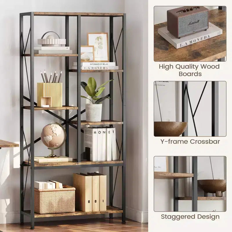 COZONY Industrial Split-Level Tall Bookcase Vintage Metal Frame Open Display Racks for Living Room Bedroom Home Office