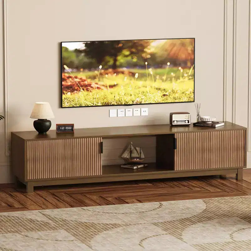15.9'' H Mid Century Modern Low TV Stand 70 Long Fluted TV Console Table with Open Storage Shelf & Fluted Doors for Living Room Bedroom