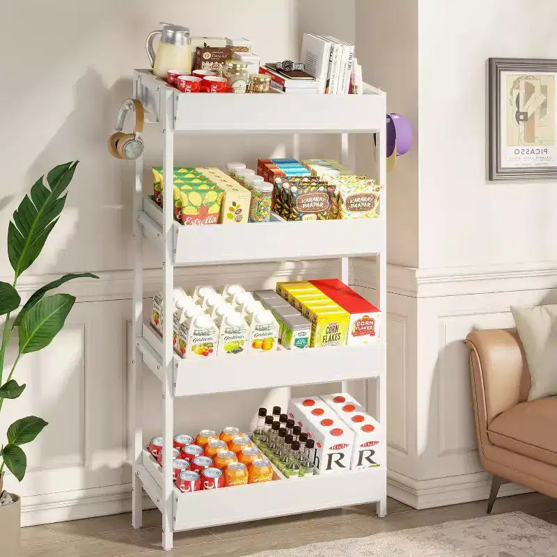 Lantine 4-Tier Retail Snack Display Shelf with 4 Hooks suitable for vendors store supermarket and home kitchen.