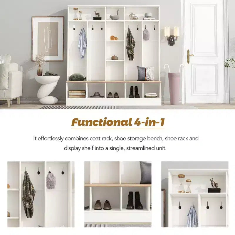 Porte-manteau d'entrée avec banc de rangement et 8 patères