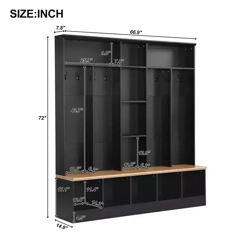 Porte-manteau d'entrée avec banc de rangement et 8 patères