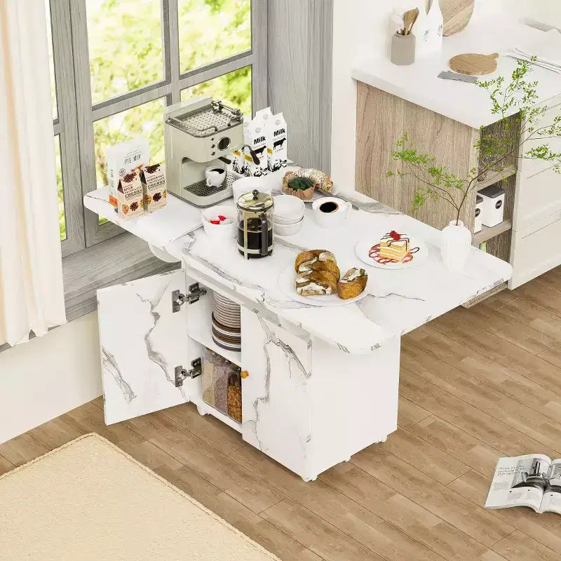 MAYEERTY Folding Kitchen Island Dining Table Marble Texture Table with Storage Cabinet & Wheels Multi-Purpose Space-Saving Table