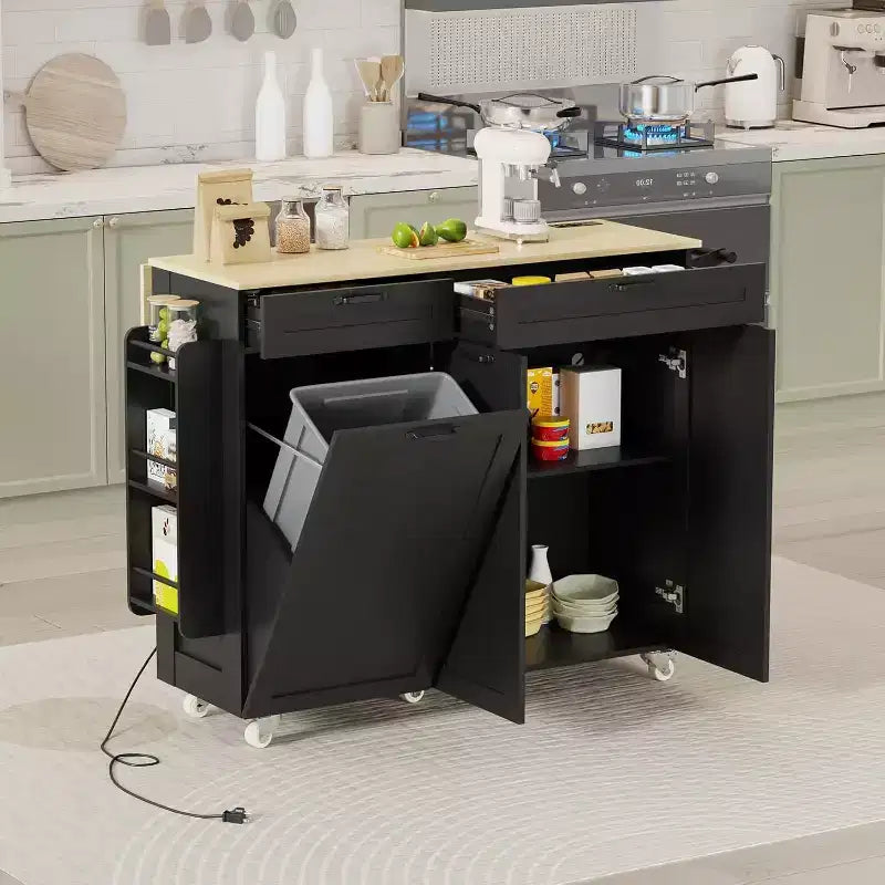 Kitchen Island on Wheels with Storage Kitchen Island Cart with Trash Can & Electrical Outlets Portable Rolling Kitchen Island with Adjustable Shelf