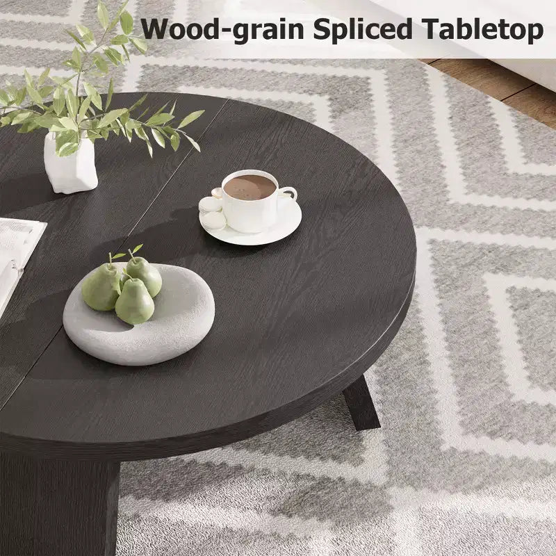 Modern Round Coffee Table for Living Room 33.5 Black Wooden Center Table 3 Sturdy Legs Space-Saving Accent Cocktail Table