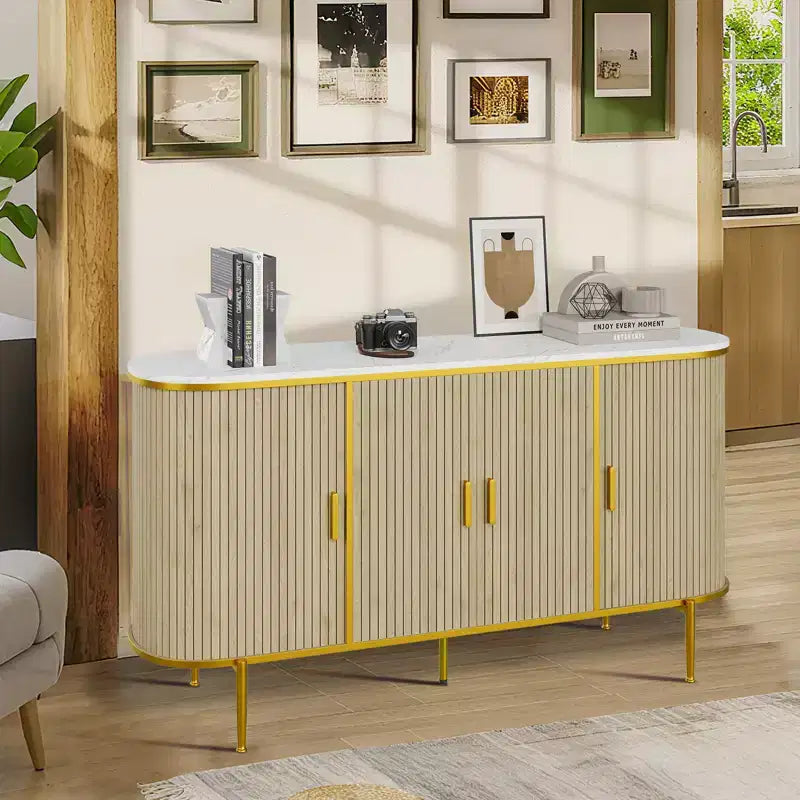 59 Mid Century Modern Fluted Console Cabinet Sideboard Buffet Cabinet with Metal Legs & Ample Storage Ideal for Dining Room Living Room