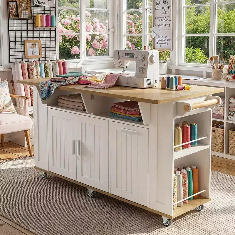 Famapy 63 Large Sewing Craft Workstation with Lockable wheels Drop-Leaf Extensions White Oak Craft Table for Sewing Quilting & Fabric Arts