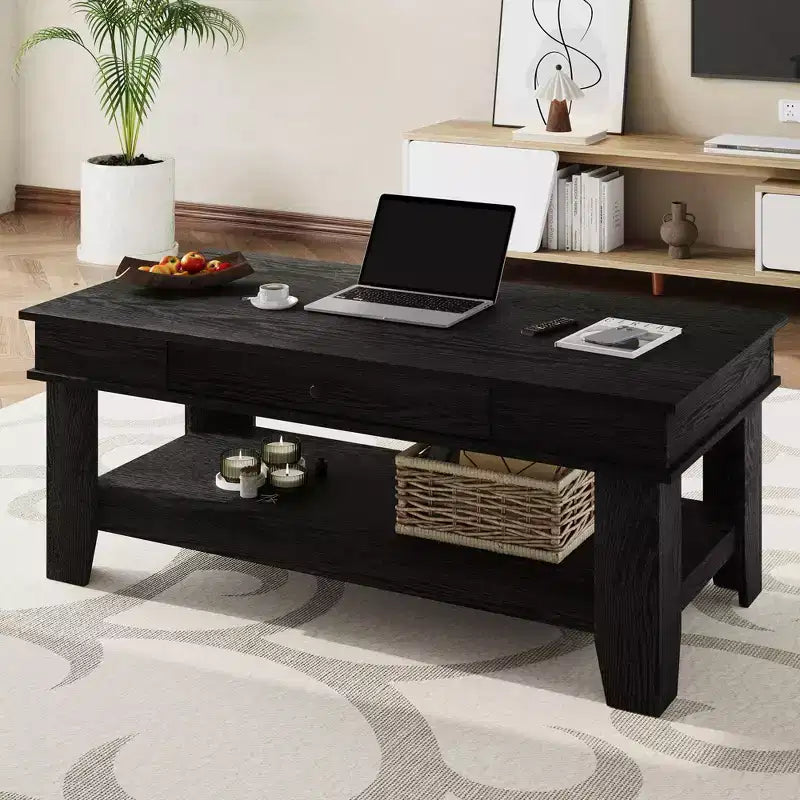 Rustic Walnut Coffee Table for Living Room Long Rectangular Center Table Sturdy Four-Leg Design Drawer & Open Shelf Storage