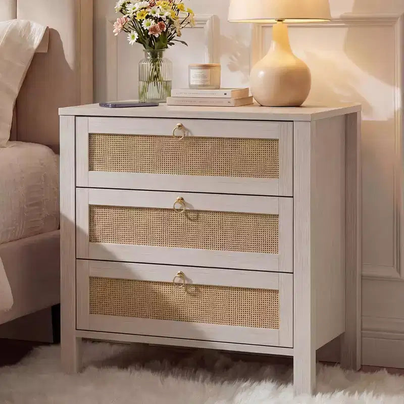 Modern Rattan Nightstand with 3 Drawers Wooden Bedside Table with Golden Handle End Side Table for Bedroom Living Room 1PC