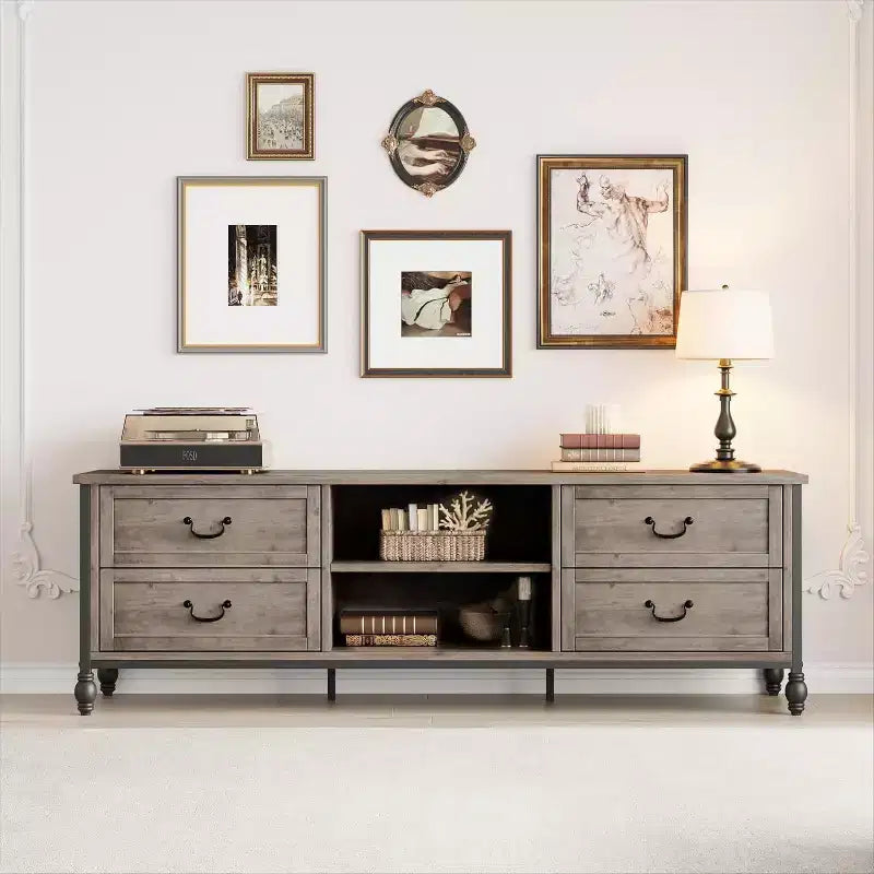 64.6 Mid-Century Modern TV Stand with Storage Entertainment Center Featuring Metal Roman Columns and Drawer TV Console Table for Living Room