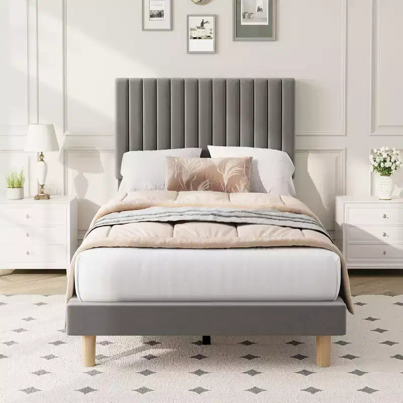 COZONY Velvet Upholstered Platform Bed Frame with Adjustable Headboard Wood Slats Support No Box Spring Needed Easy Assembly