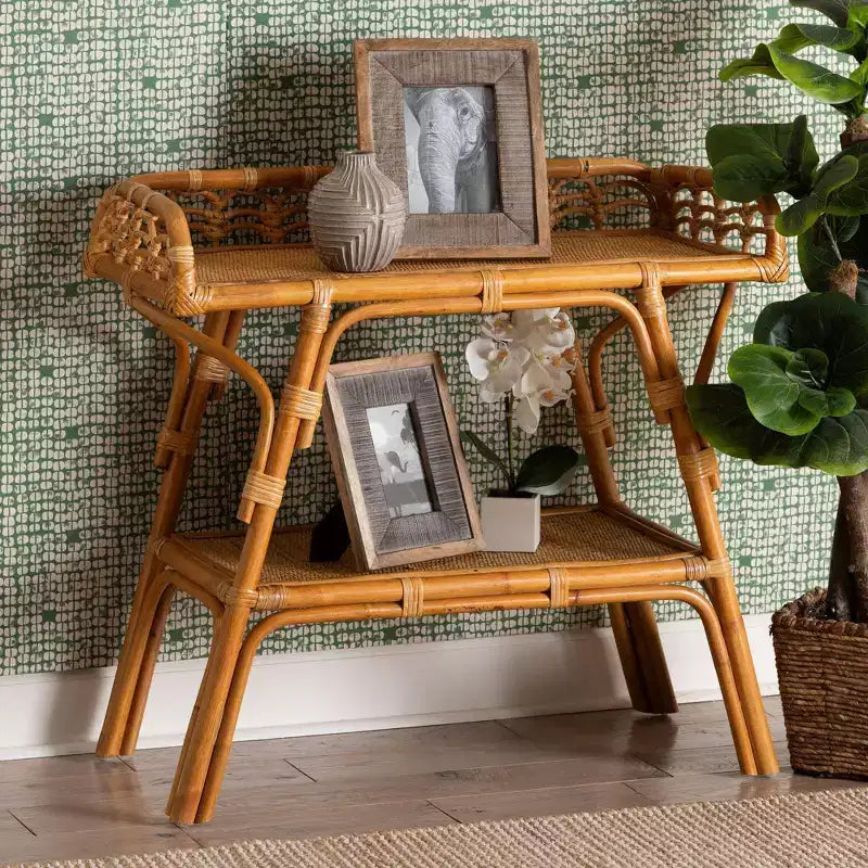 Console double-plateau en rotin naturel