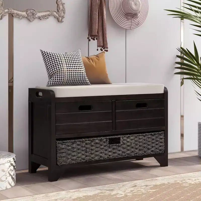 Entryway Storage Bench with Removable Basket and 2 Drawers Fully Assembled Shoe Bench with Removable Cushion-ModernLuxe